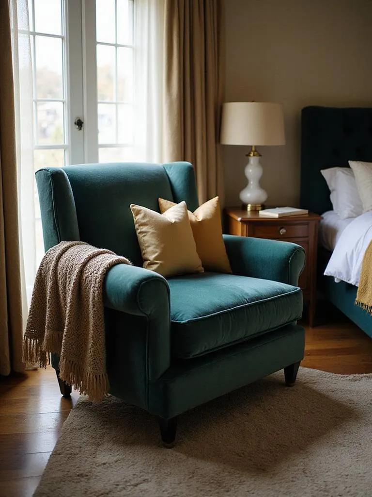 Cozy master bedroom seating area with plush velvet armchair, silk pillows, and wool rug.