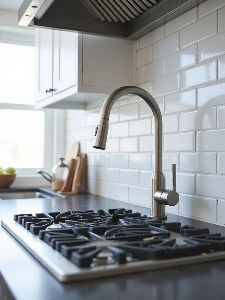 Brushed nickel pot filler faucet extending over a stainless steel stovetop in a modern kitchen.