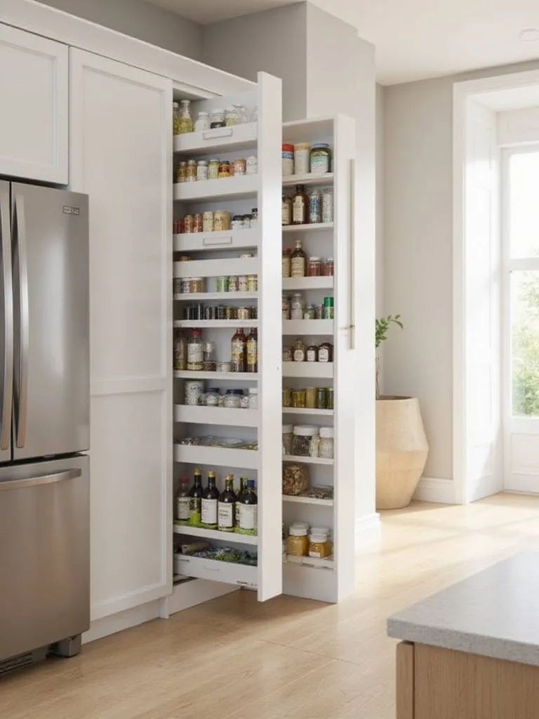 Narrow pull-out pantry showcasing organized spices and oils, maximizing storage in a small kitchen.