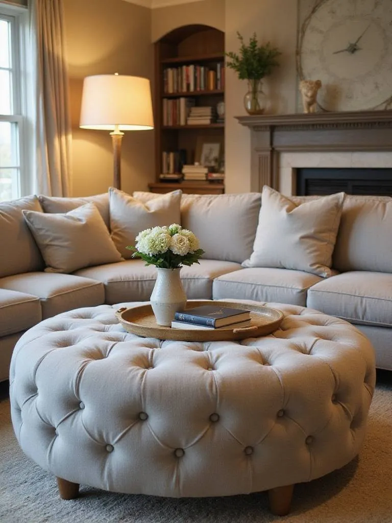 Cozy living room with a plush, tufted ottoman in front of a sofa.