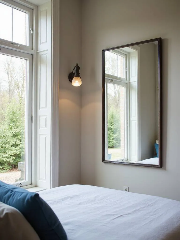 Master bedroom with a large mirror reflecting light and creating a spacious feel