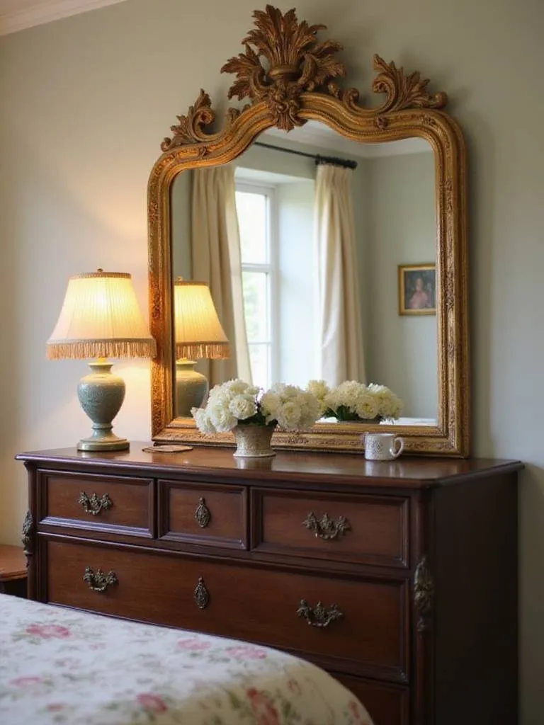 Ornate gold-framed vintage mirror above a dresser in a vintage bedroom