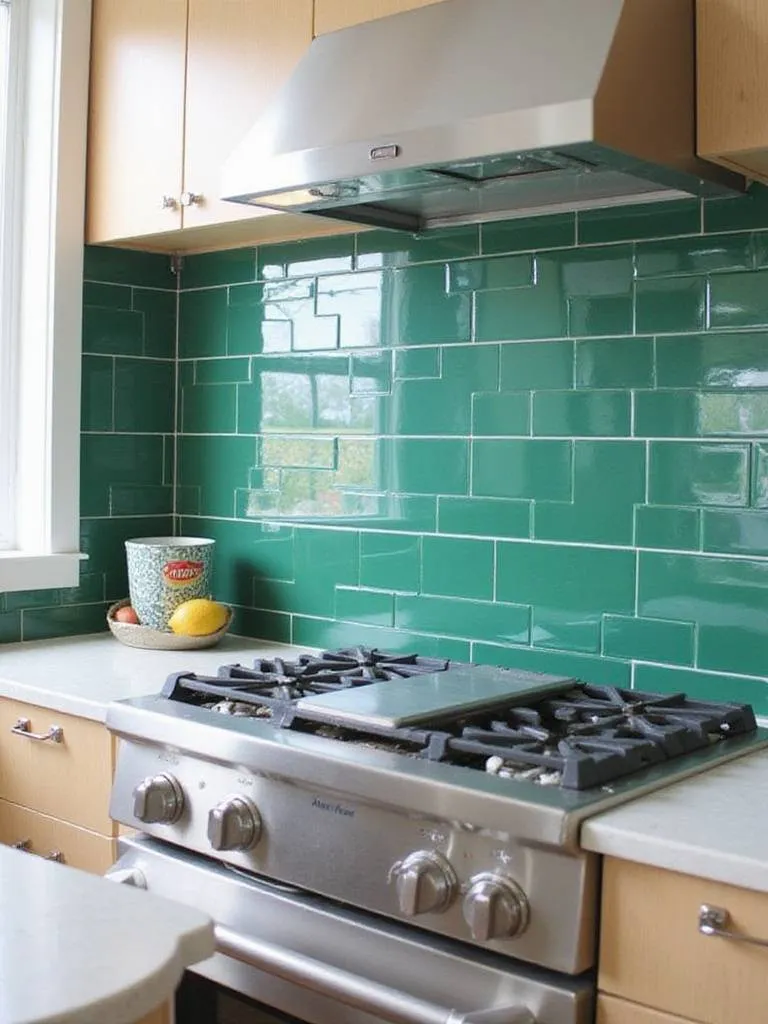 Modern kitchen backsplash featuring vertical stacked emerald green subway tile