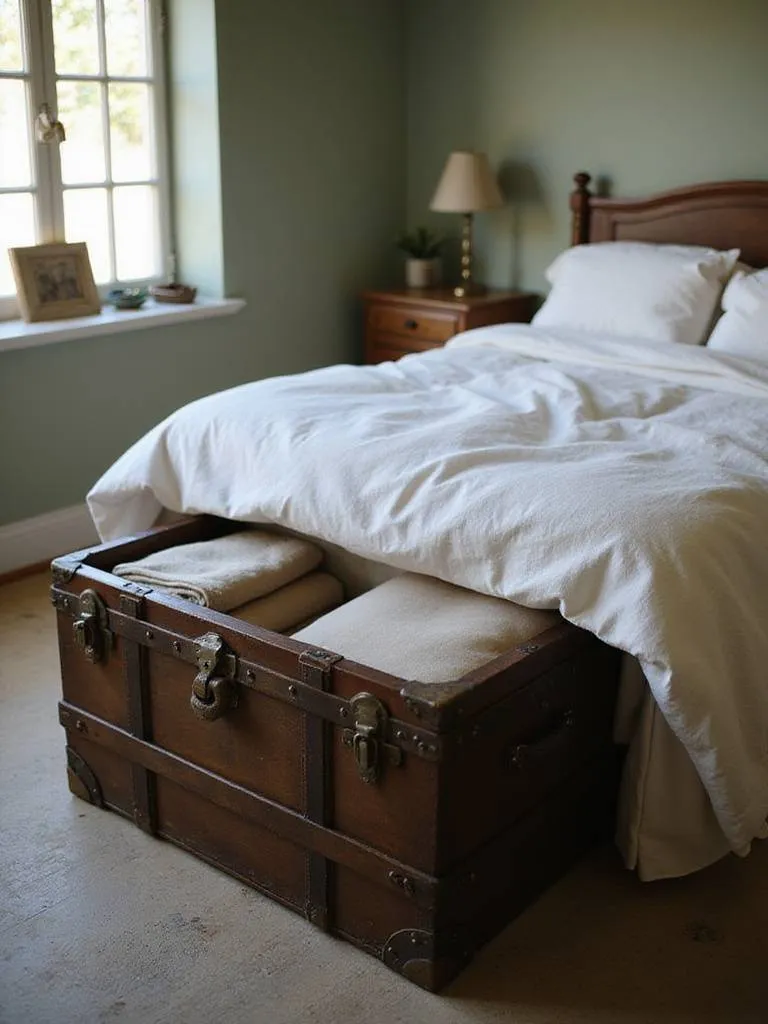 Vintage bedroom with a repurposed steamer trunk at the foot of the bed for stylish storage.