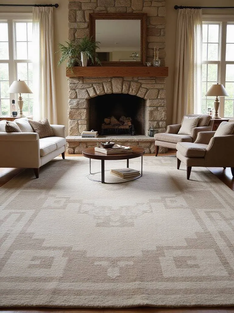Living room with stone fireplace and a neutral geometric patterned rug defining the seating area.