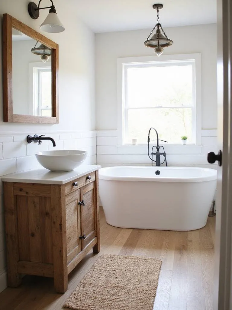 Rustic bathroom with reclaimed wood vanity and shiplap accent wall.