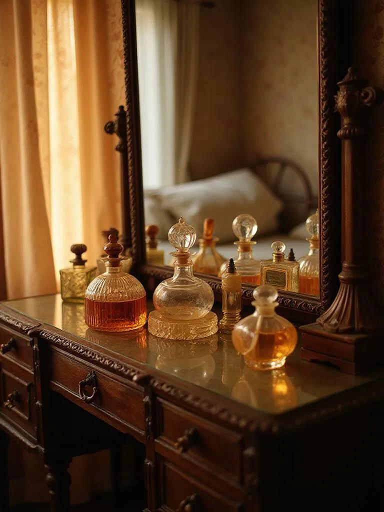 Collection of vintage perfume bottles on a mirrored vanity in a warmly lit vintage bedroom.