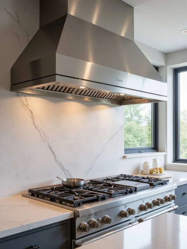 Luxurious modern kitchen with a statement stainless steel range hood