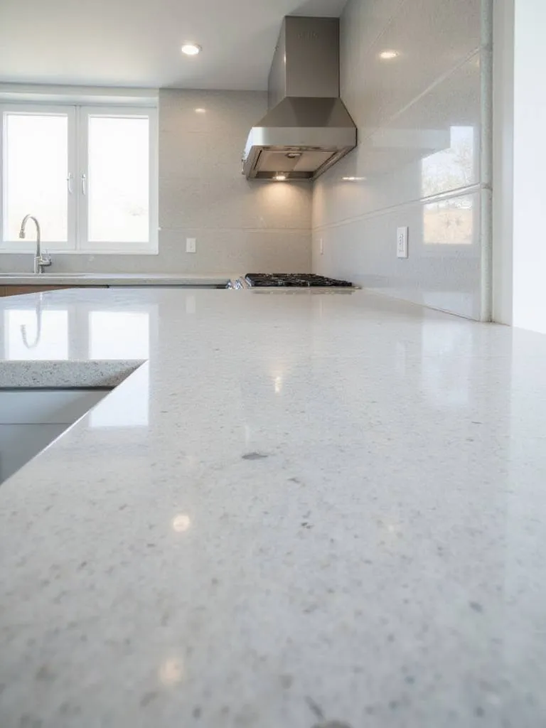Modern kitchen featuring light gray quartz countertops seamlessly extending into the backsplash.