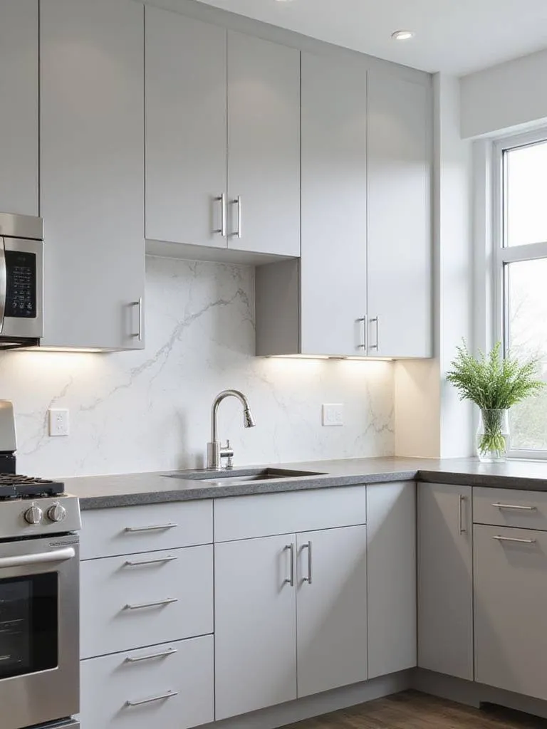 Modern kitchen with seamless white quartz slab backsplash