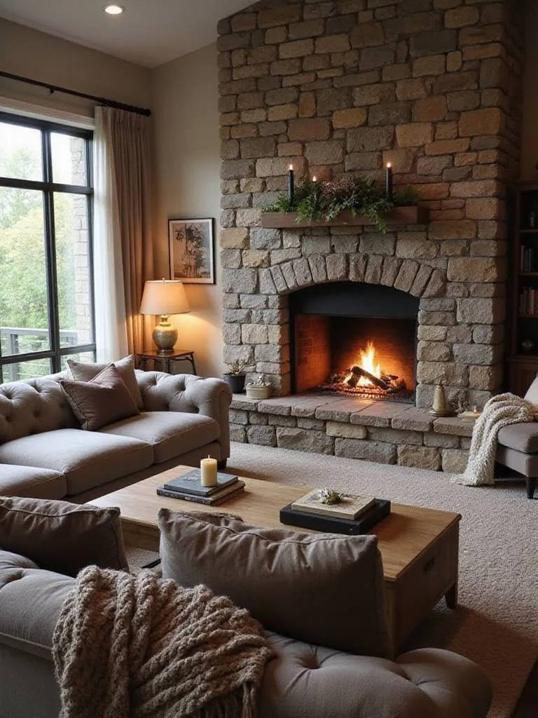 Cozy living room with gray sectional sofa facing a stone fireplace.