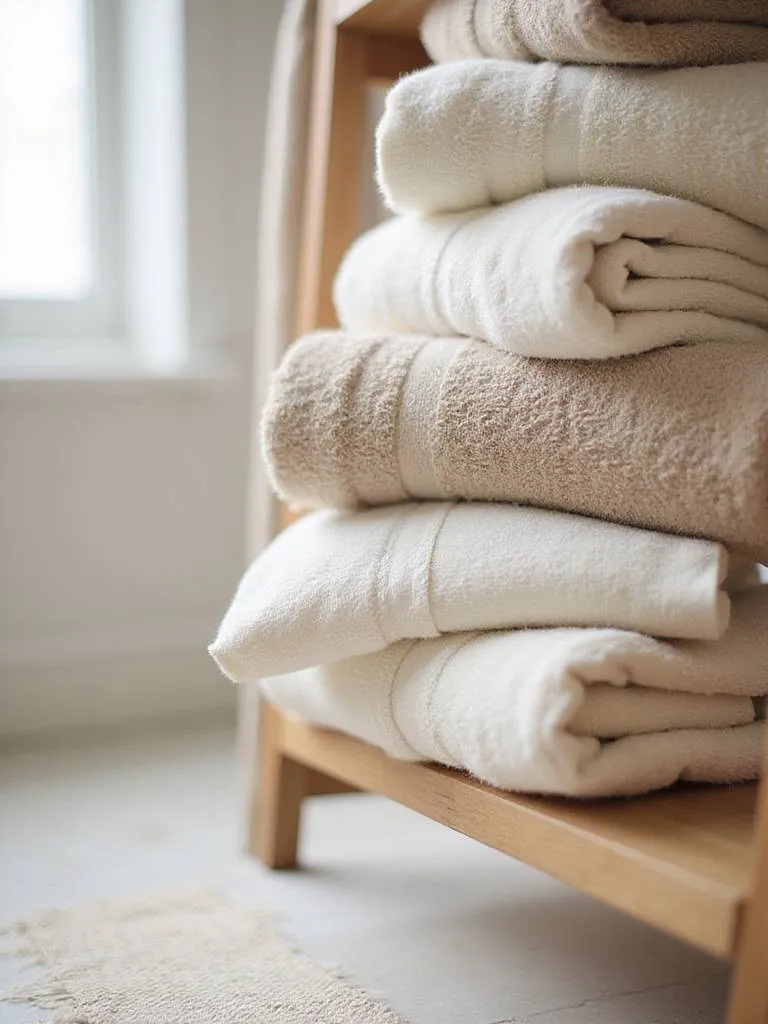 Organic cotton and linen towels and bath mat in a serene bathroom setting
