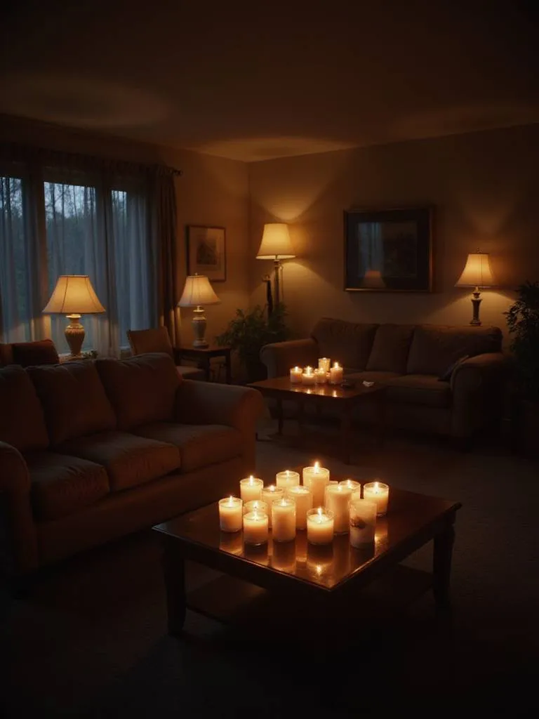 Cozy living room with warm lighting from lamps and candles