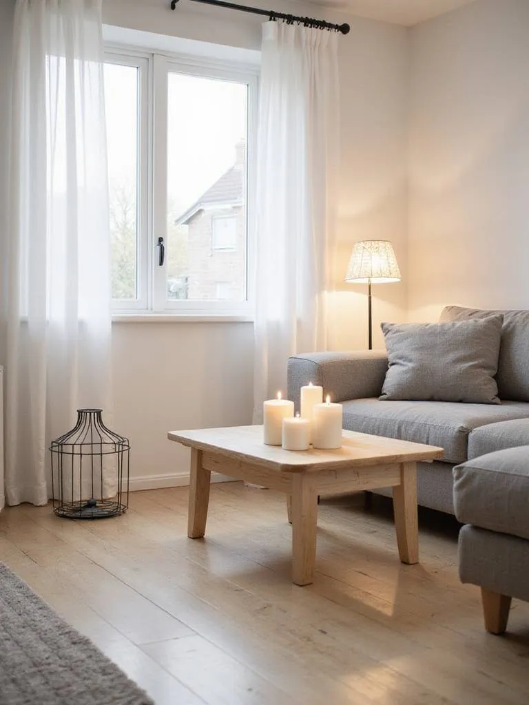 Scandinavian living room with white walls, light wood floors, and the warm glow of candles and a lantern, creating a cozy 'hygge' atmosphere.
