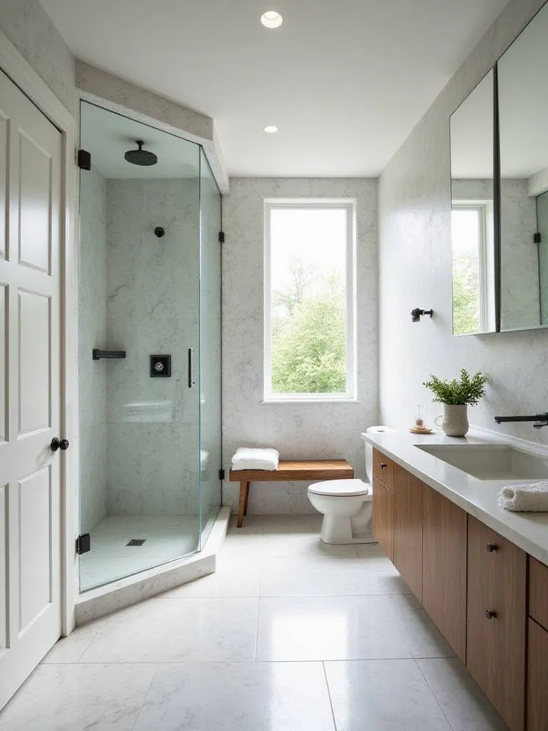 Luxurious walk-in shower with marble tiles and frameless glass enclosure