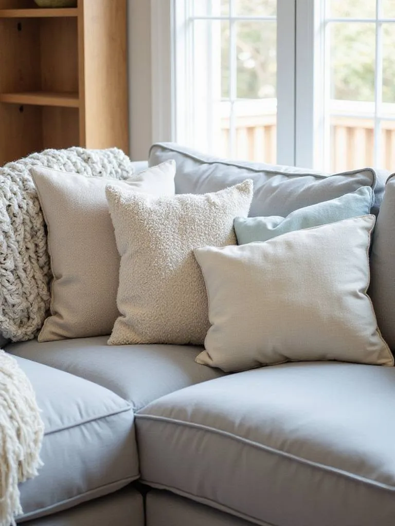Cozy living room with a deep, comfortable sectional sofa piled with pillows and blankets.