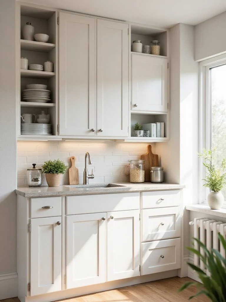 Small kitchen with tall cabinets maximizing vertical storage space.