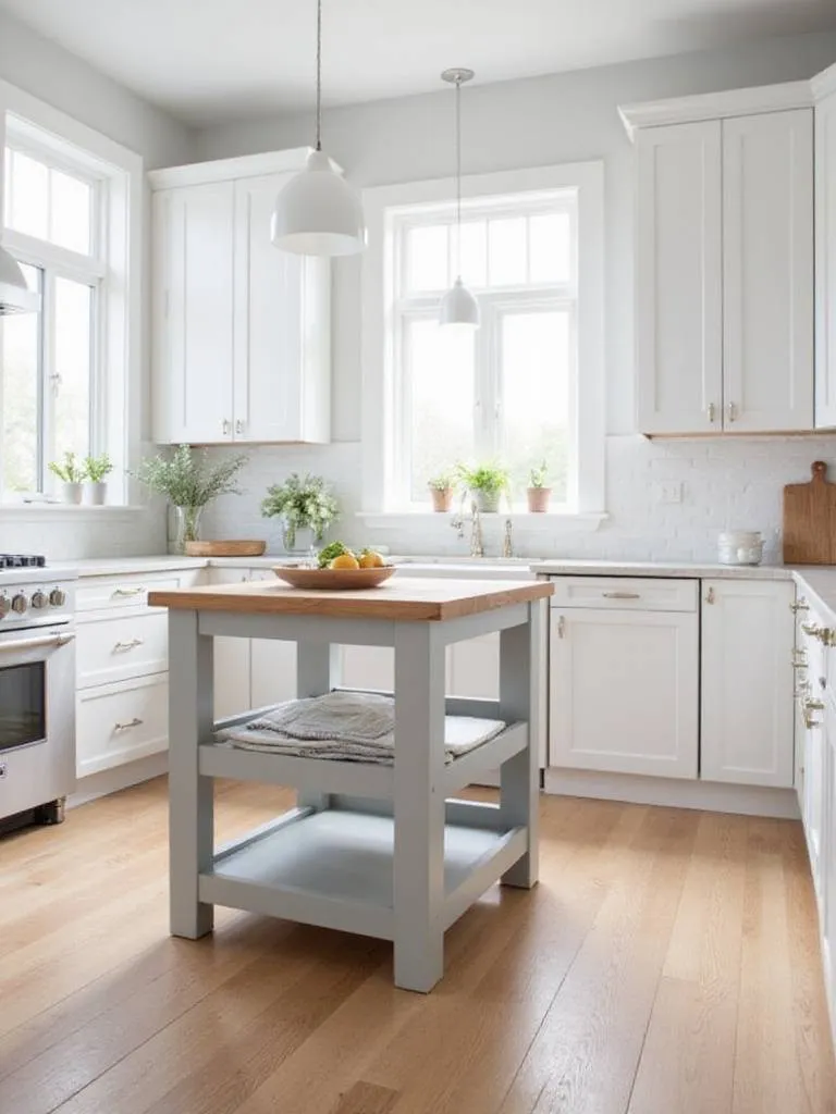 Small kitchen with white cabinets and a slim, light grey kitchen island with butcher block countertop.
