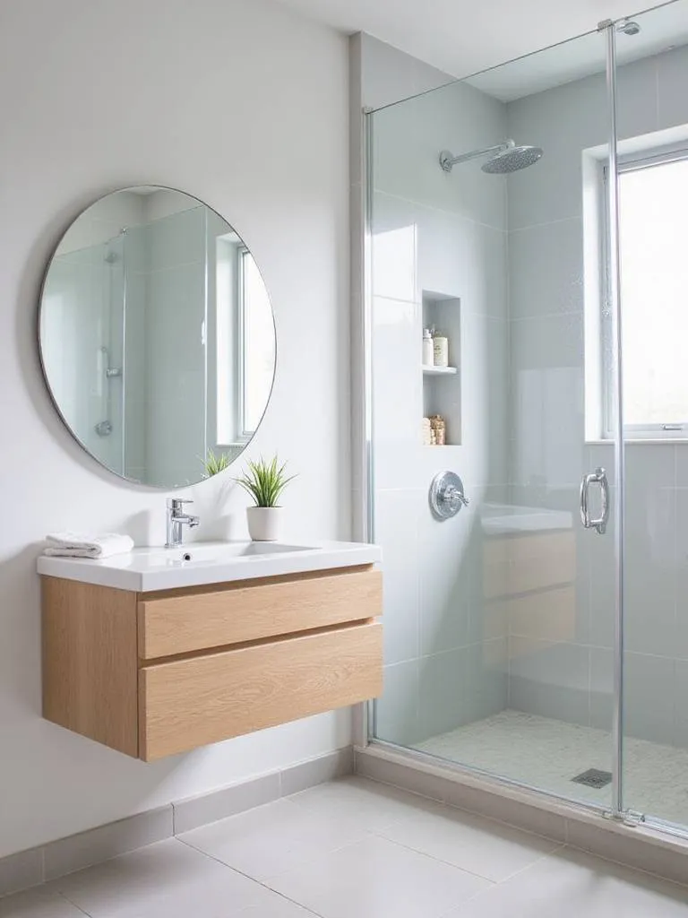 Bright and modern small bathroom with floating vanity and glass shower enclosure.