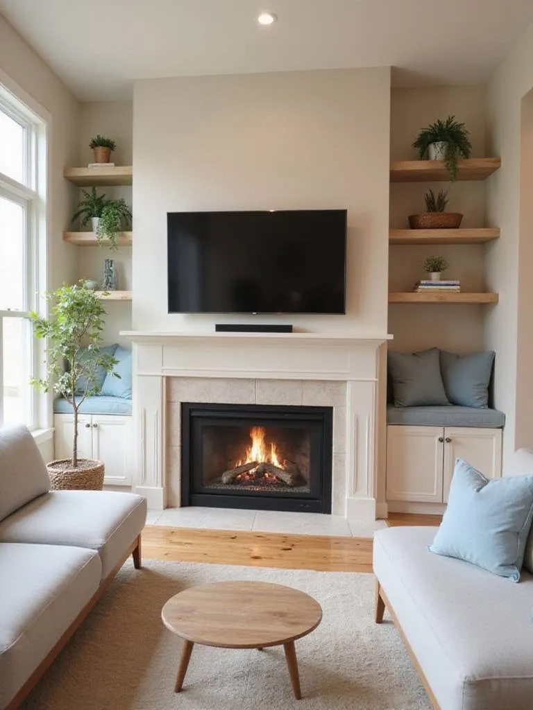 Small living room layout with fireplace, featuring a loveseat, window seat, and minimalist design.