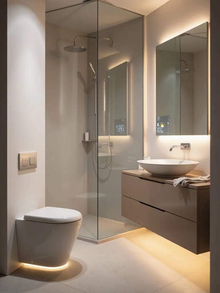 Modern bathroom featuring smart toilet, smart mirror, and digital shower controls.