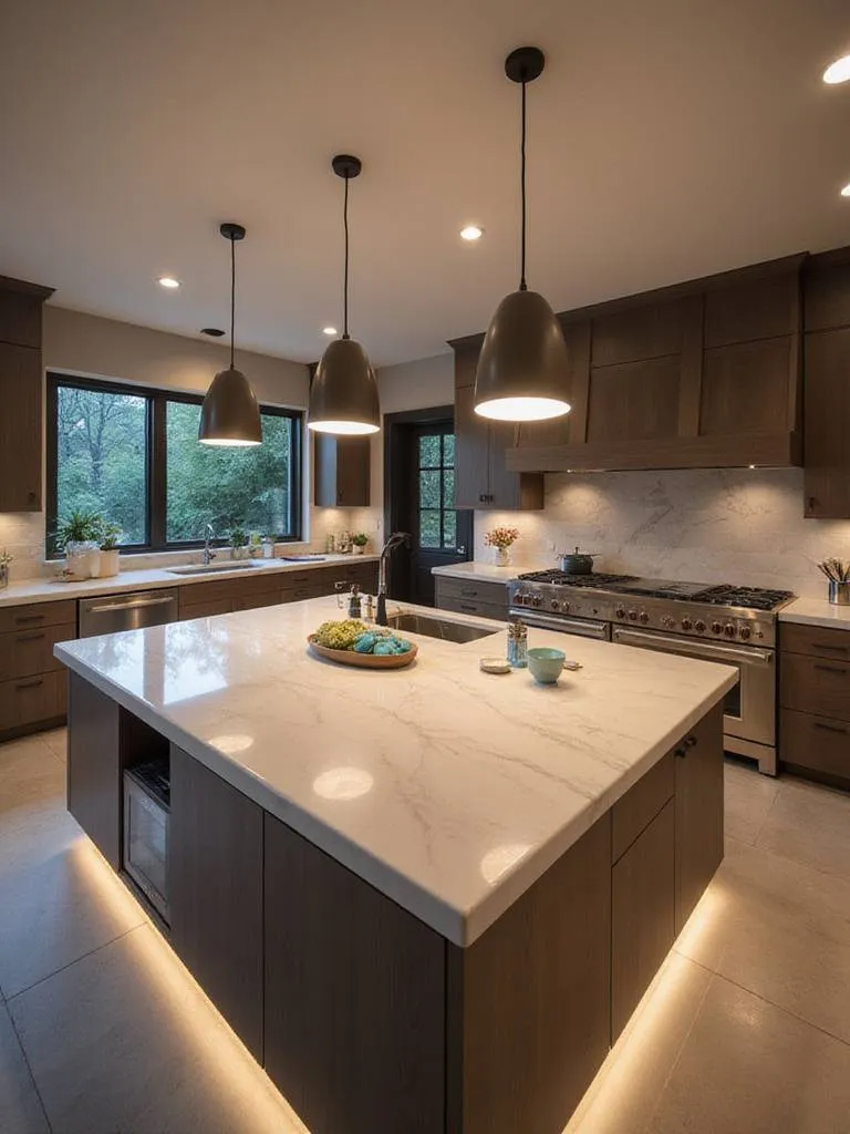Modern kitchen island with smart pendant lighting and under-cabinet LED lighting.