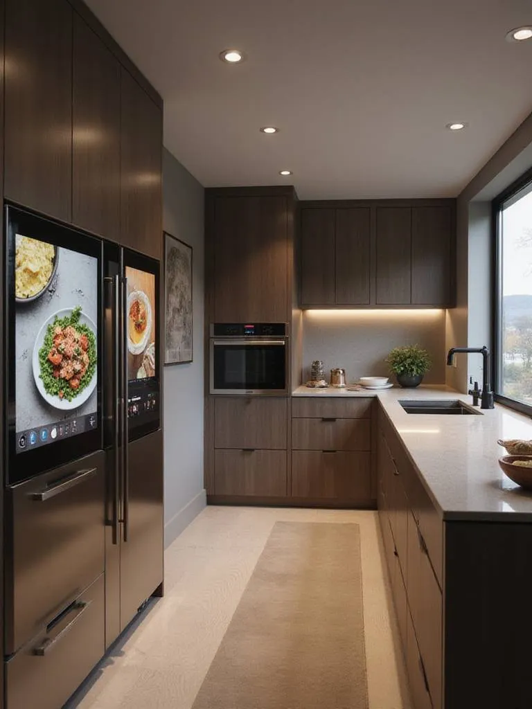 Luxury kitchen featuring a smart refrigerator with touchscreen and integrated smart home technology.