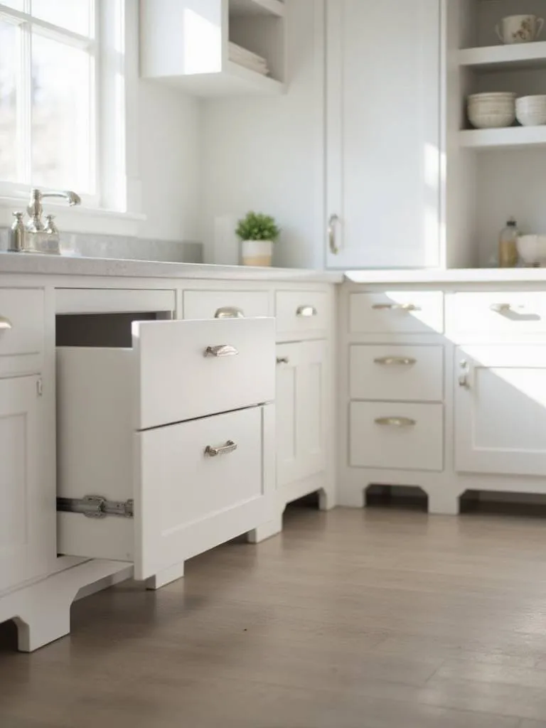 Kitchen base cabinets featuring a partially open drawer, highlighting the soft-close drawer slide mechanism installed for smooth and quiet closing.