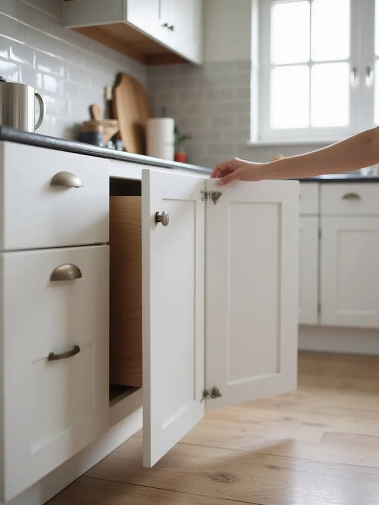 Kitchen cabinet door with soft-close hinge slowly closing, illustrating the gentle and quiet motion.