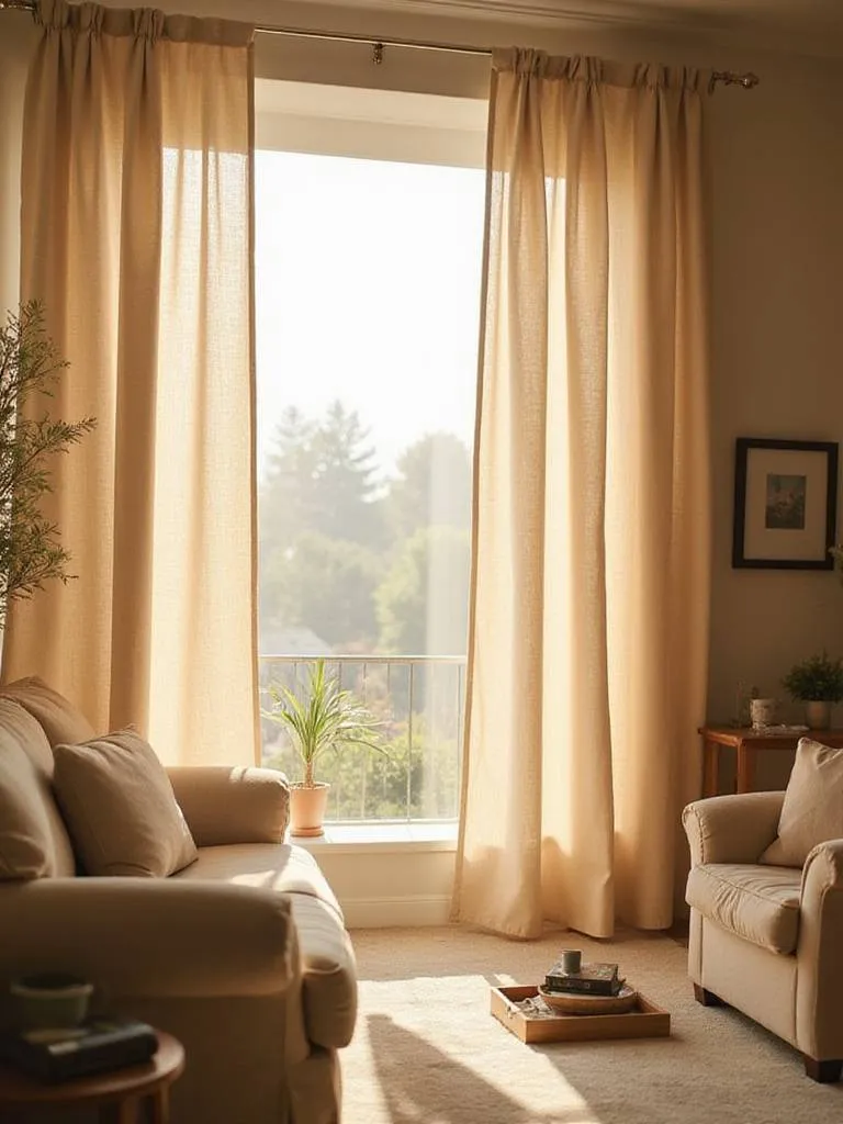Cozy living room with soft light filtering through flowing linen curtains.