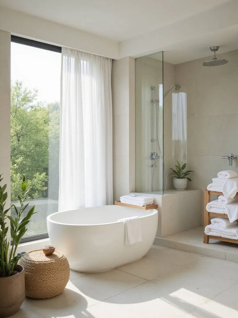 Luxurious spa bathroom with freestanding tub, rainfall shower, and natural light.