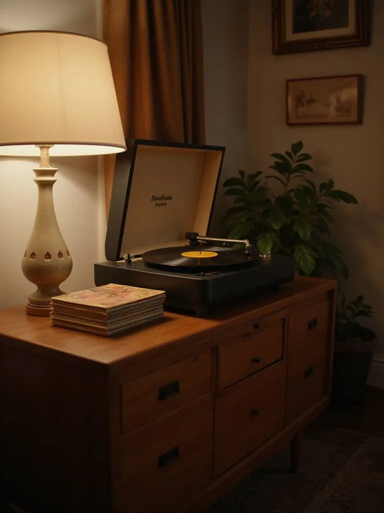Vintage bedroom with record player and vinyl records