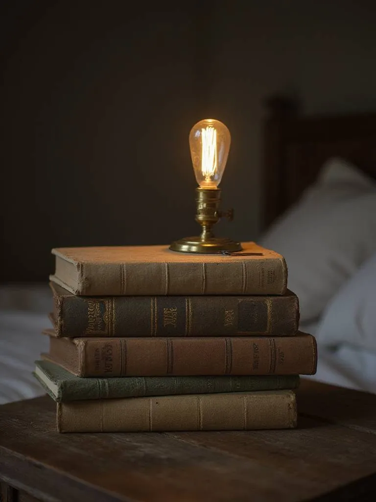 Stack of vintage hardcover books used as a bedside table with a lamp on top in a bedroom.