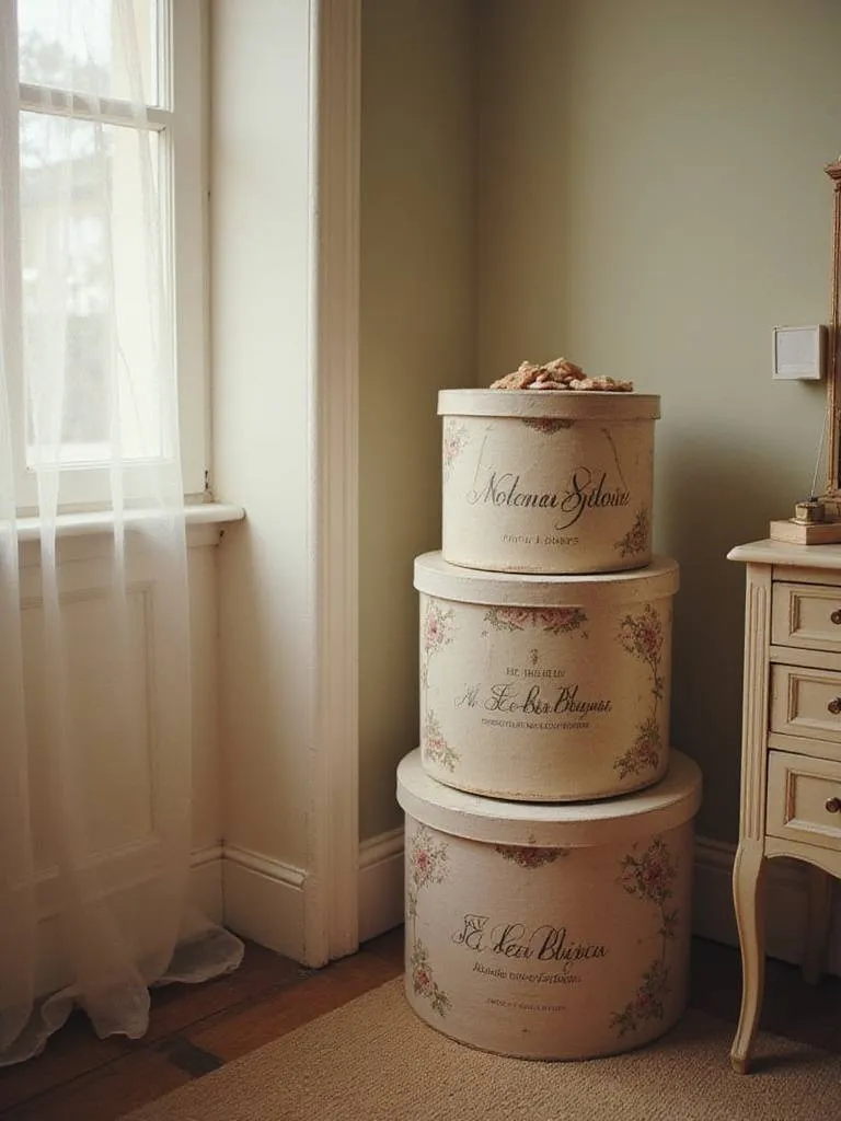 Stacked vintage hat boxes in bedroom corner, adding Parisian flair.