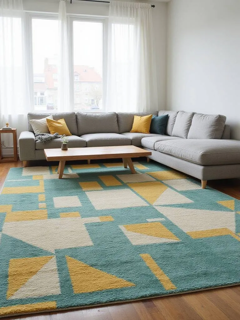 Modern living room with teal, mustard yellow, and cream geometric rug anchoring the space.