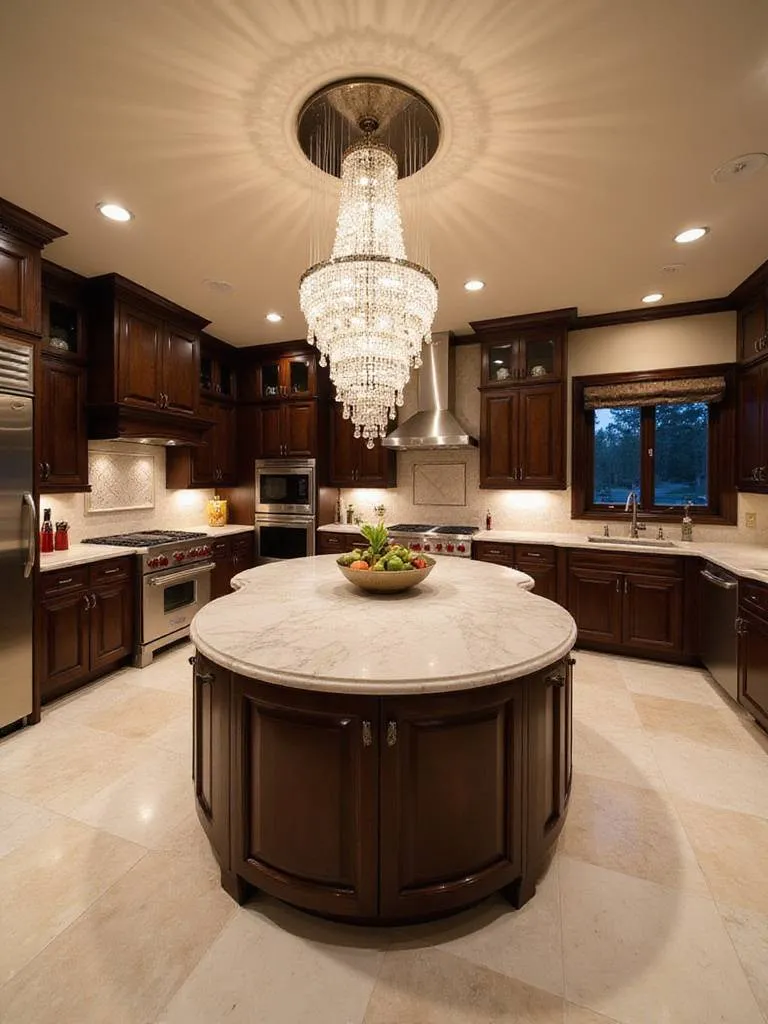 Luxurious kitchen with cascading crystal chandelier above kitchen island.