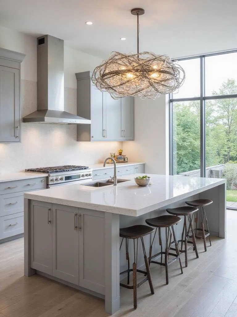 Modern kitchen with a large island and a sculptural statement light fixture above.