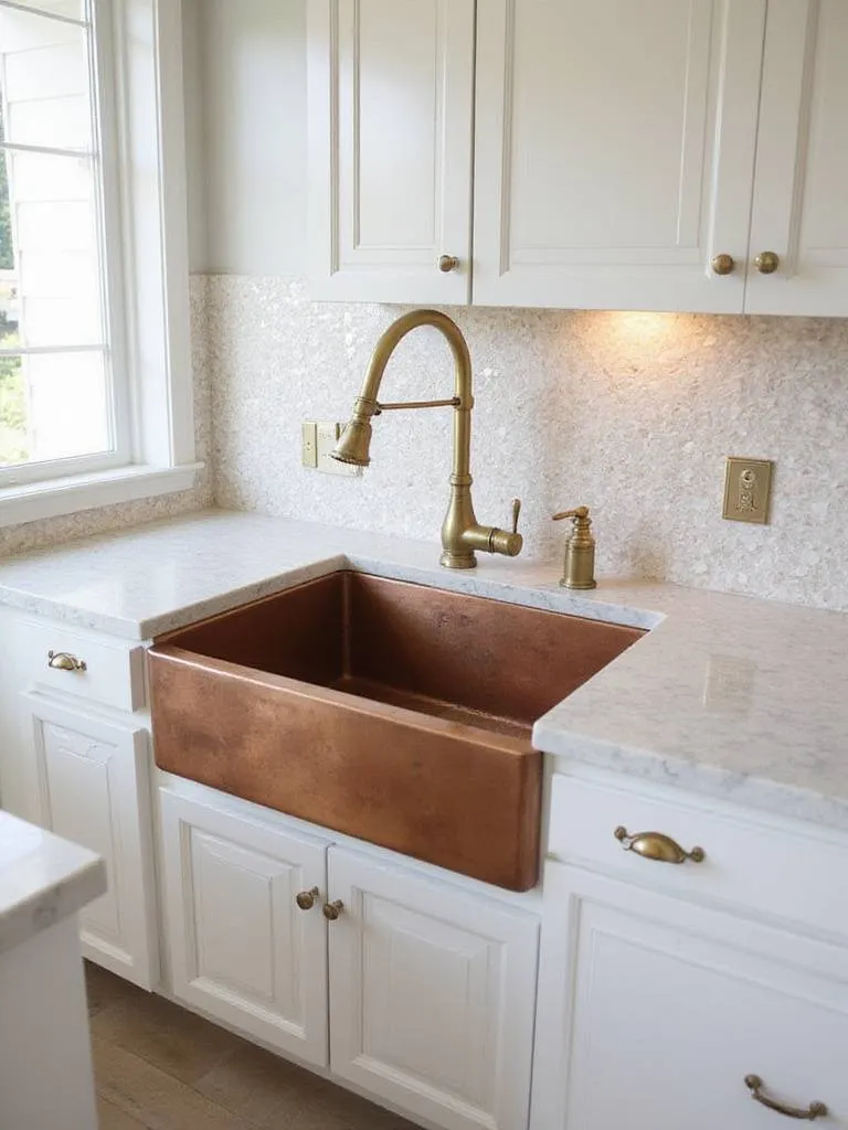 Luxury kitchen with a statement copper farmhouse sink and white quartz countertops.