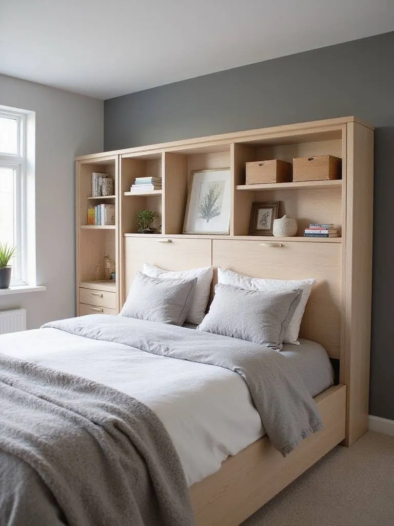 Modern bedroom featuring a queen bed with a light wood storage headboard filled with books and decorative items.