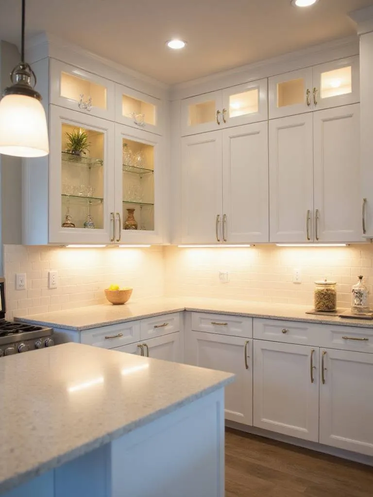 Small kitchen design featuring layered lighting: ambient, task, and accent lighting.