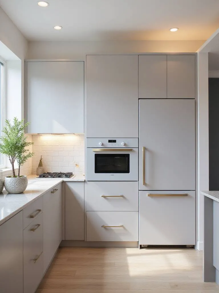 Modern small kitchen with integrated appliances and seamless cabinetry.