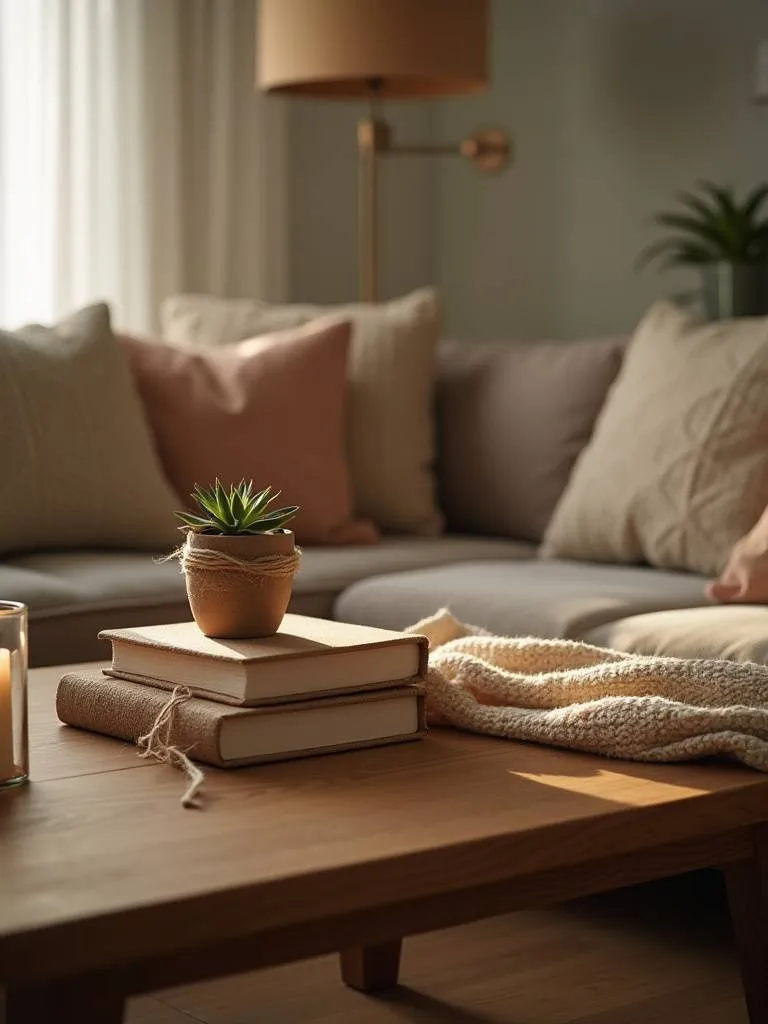 Cozy living room coffee table styled with books, candle, succulent, and blanket