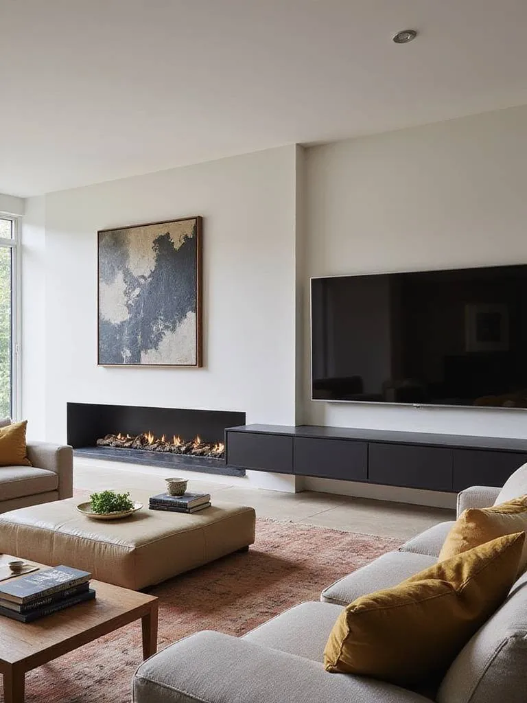 Living room layout with fireplace and TV, balancing entertainment and ambiance.