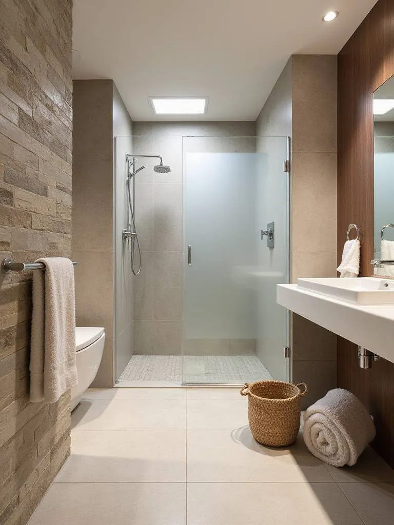Modern bathroom interior with layered textures including stone, tile, glass, and woven accents.