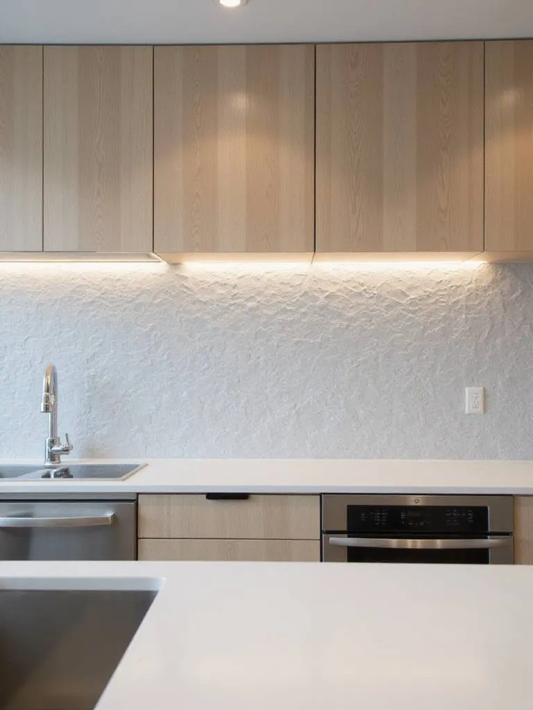 Modern kitchen backsplash with textured 3D geometric tiles.