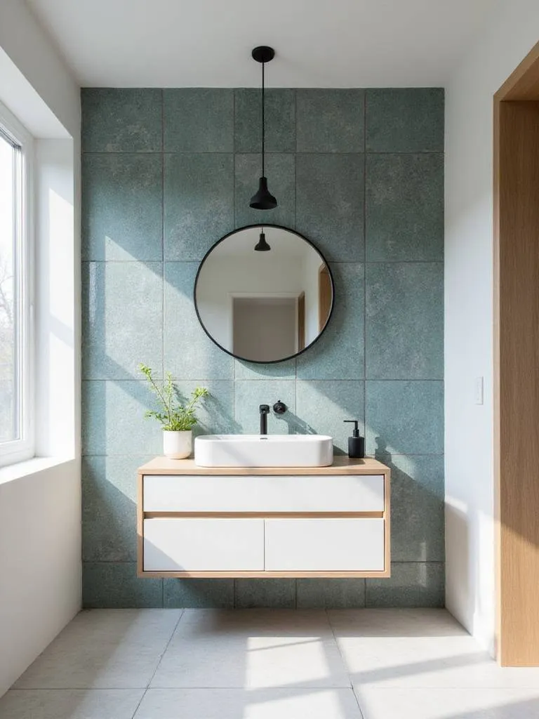 Bathroom statement wall with geometric teal and grey tiles behind <a href=