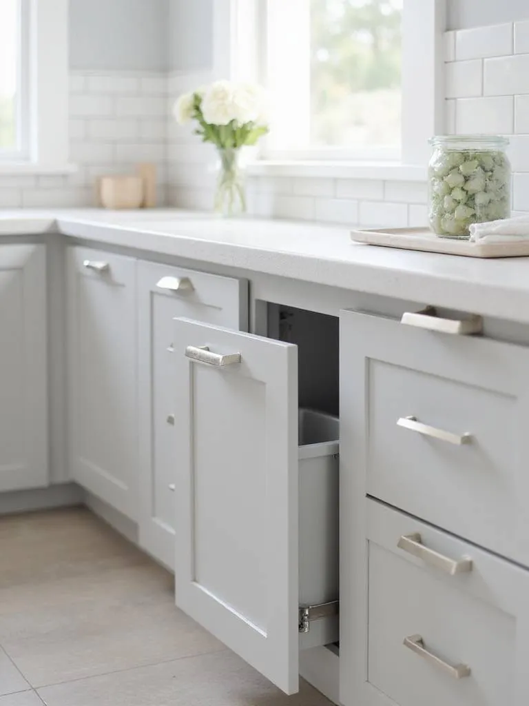 Modern kitchen base cabinets featuring handleless design and touch latches, showcasing a clean, minimalist aesthetic with push-to-open functionality.