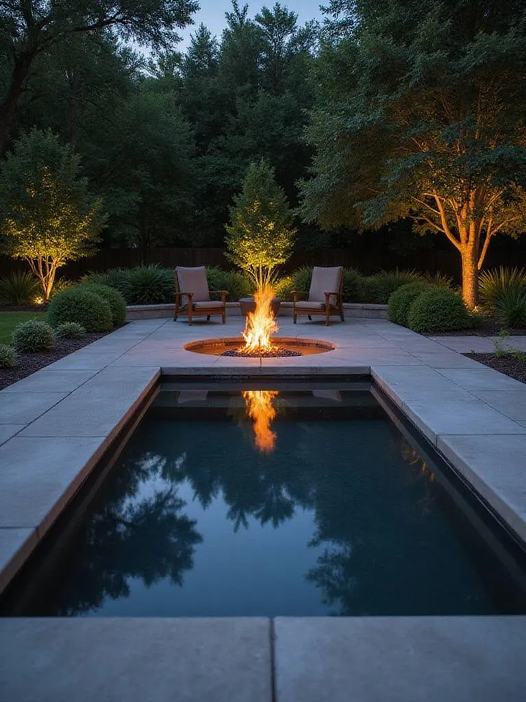 Fire pit with reflecting pool in backyard at dusk