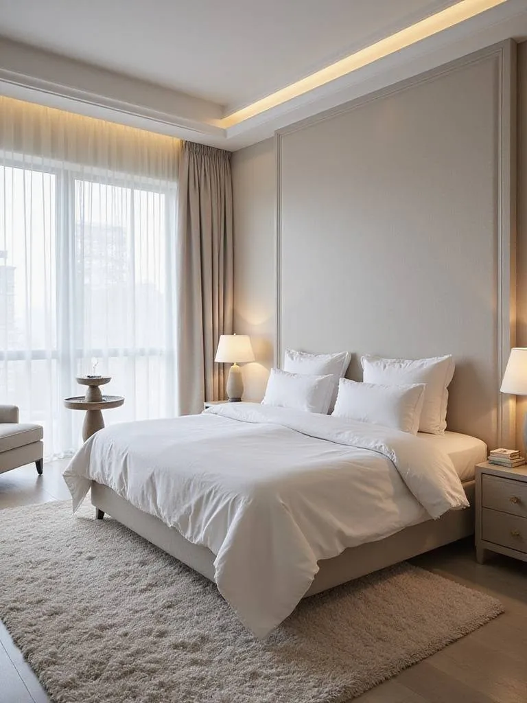 Spa-like master bedroom with calming colors and luxurious bedding