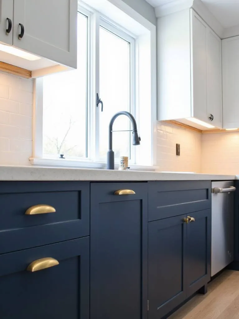 Contemporary kitchen cabinets featuring trending metal hardware finishes: brushed brass on navy lower cabinets and matte black on white upper cabinets.